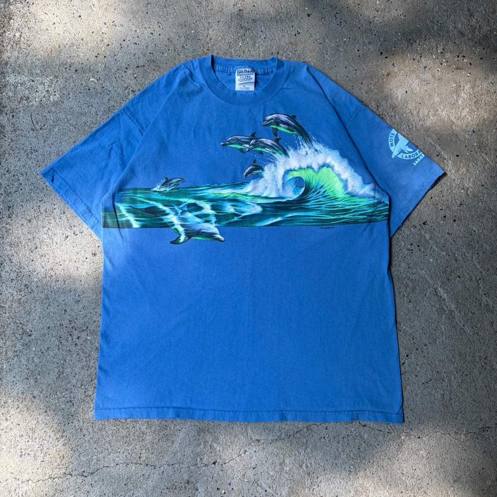 Vintage Gildan Dolphin Wraparound Graphic T-Shirt Blue XL Mote Marine Lab